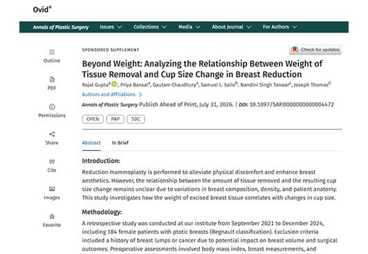 Analyzing the Relationship Between Weight of Tissue Removal and Cup Size Change in Breast Reduction - Dr Rajat Gupta - Publication - RG Aesthetics